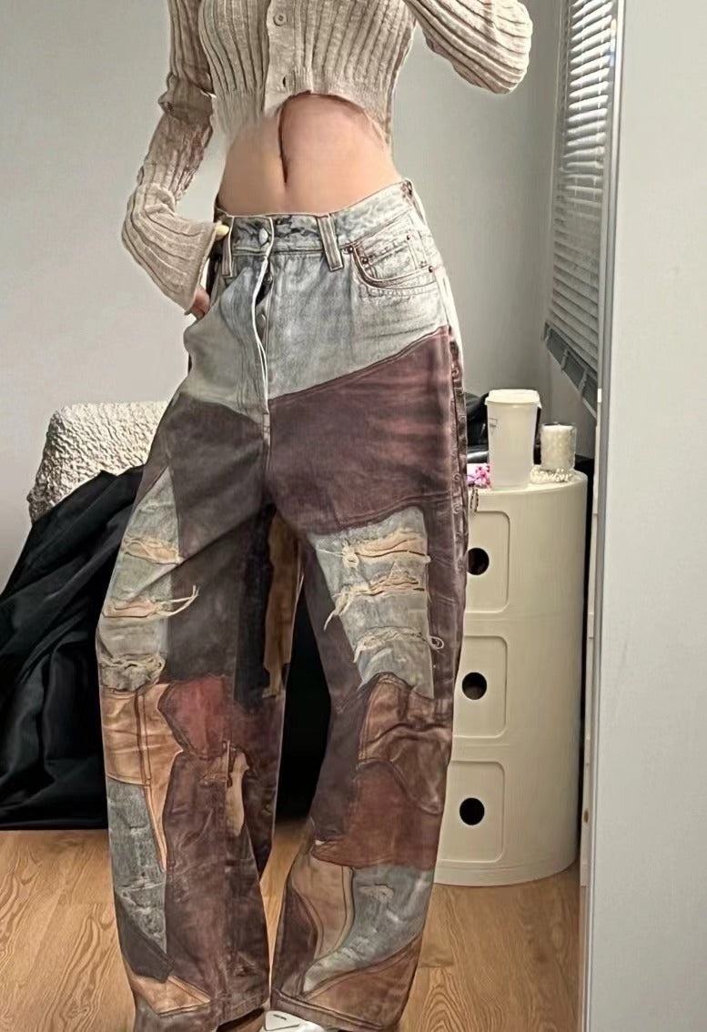 Vintage Mud Dyed Stitching Printing Ripped Canvas Denim Wide Leg