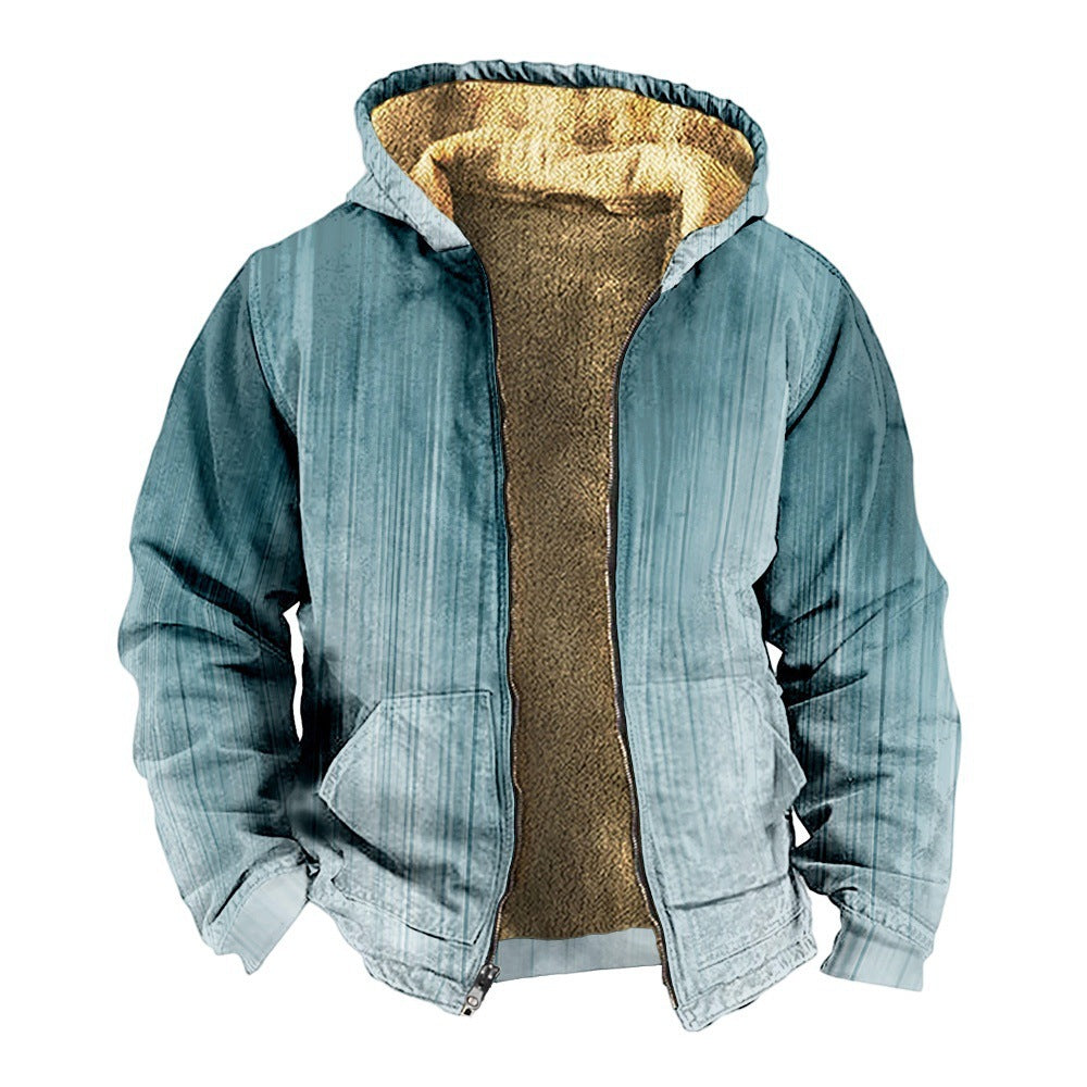 Retro Coconut Tree Element 3D Digital Printing Casual Loose-fitting Hoodie Zipped Cotton-padded Jacket Coat