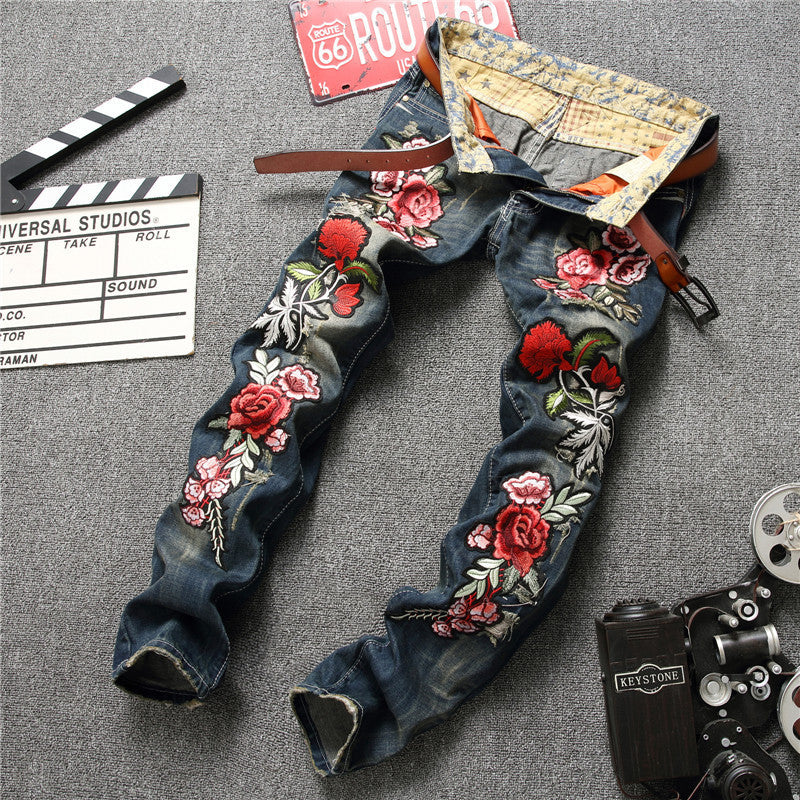 Spring Punk Men's Embroidered Rose Denim Trousers Mid Waist Casual