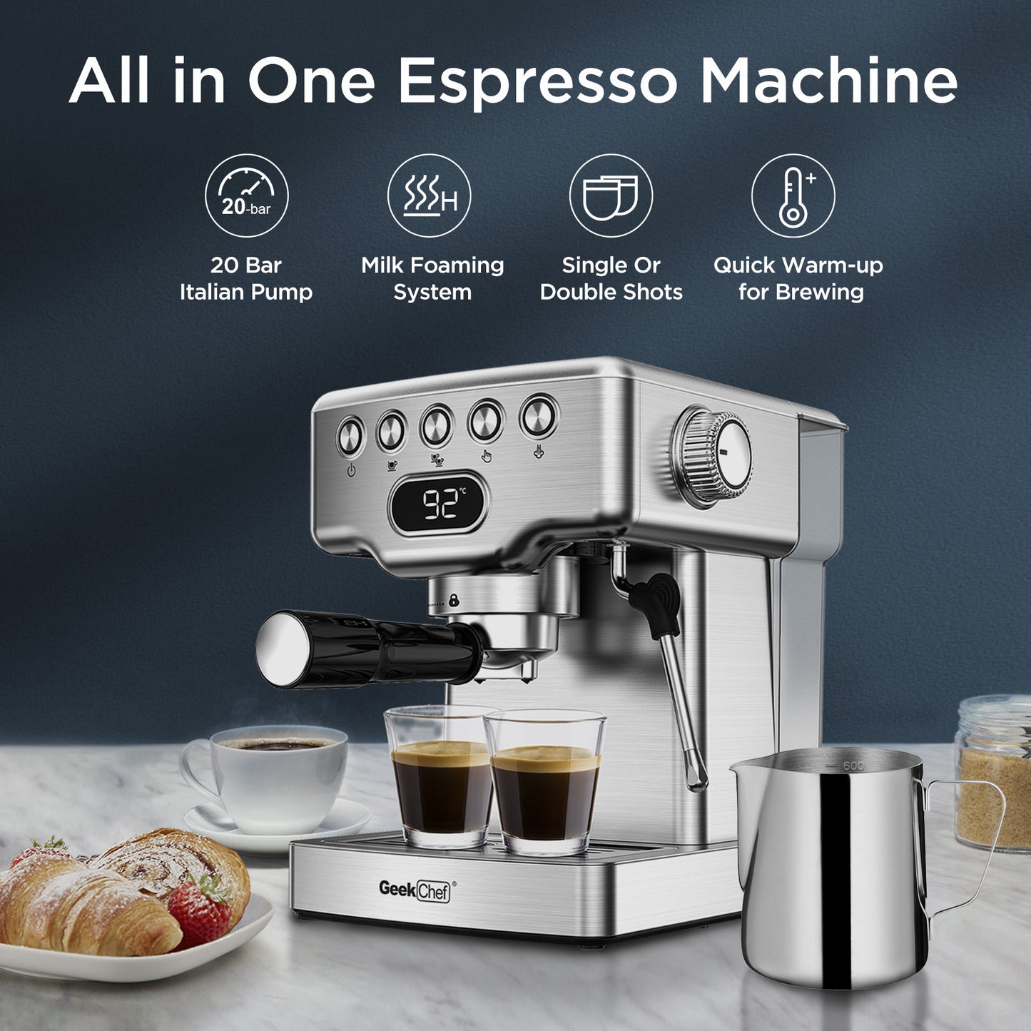 Geek Chef Espressomachine, 20 Bar Espressomachine Met Melkopschuimer Voor Latte, Cappuccino, Macchiato, Voor Thuis Espressomaker, 1.8L Watertank, Roestvrij Staal, Verbod Op Amazon