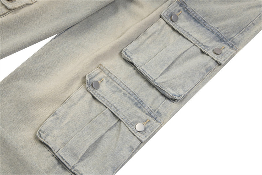 Men's And Women's Multi-pocket Washed And Worn Worn Loose Straight-leg Wide-leg Pants