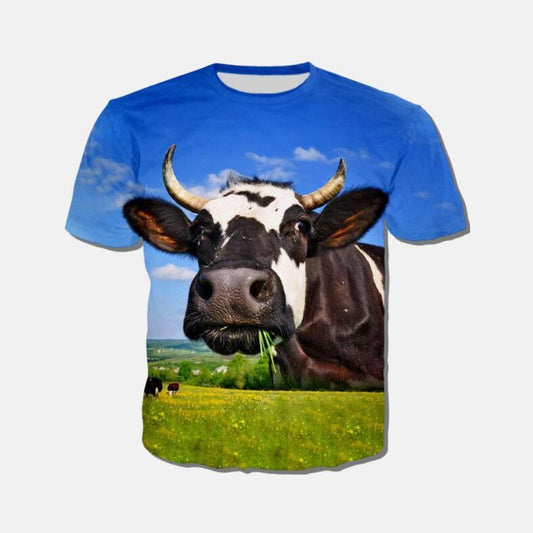 European And American Fun Cowboy Grassland Printing Casual Round Neck Short Sleeves