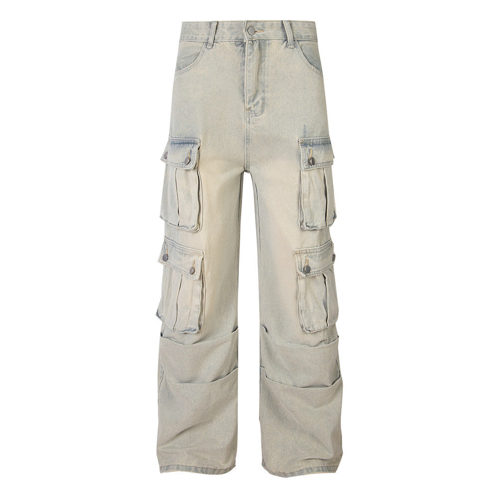 Men's And Women's Multi-pocket Washed And Worn Worn Loose Straight-leg Wide-leg Pants