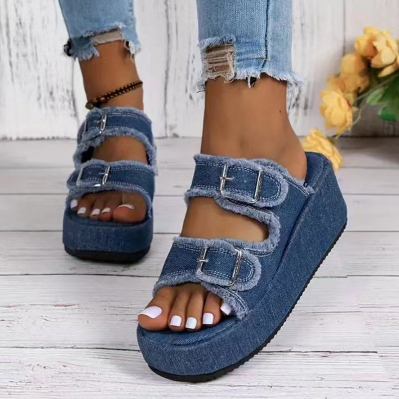 Denim Buckle Wedges Sandals