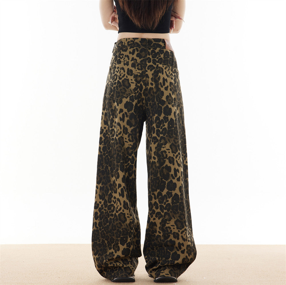 American High Street Retro Distressed Leopard Print Loose Jeans