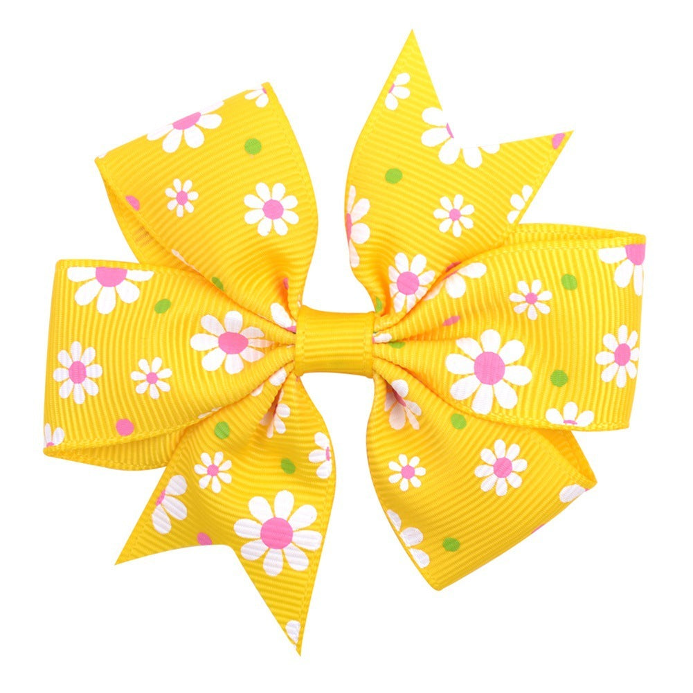 Printed Daisy Sunflower Dotted Rib With Fishtail Bow Baby Hair Clip