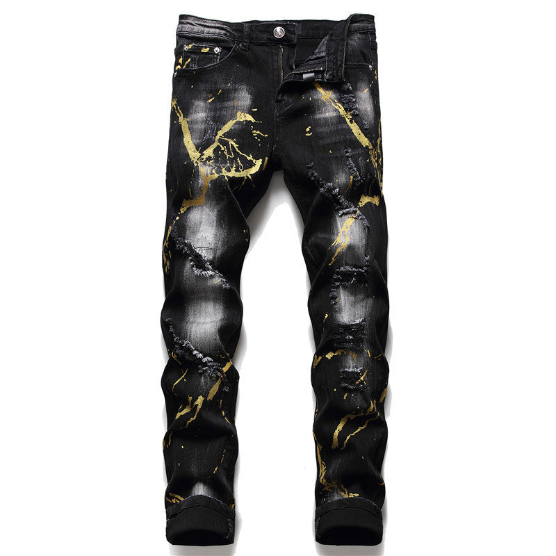 Slim Nightclub Trendy Personality Pattern Denim Trousers