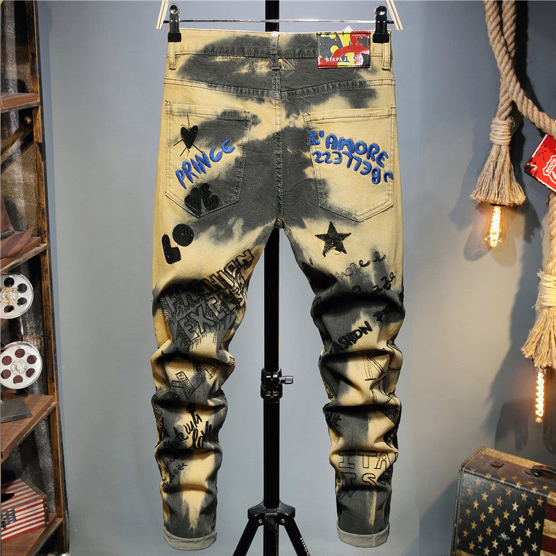 Jeans Heren Slim Broek Stretch Geverfd Lang Trendy Persoonlijkheid Camouflage Print