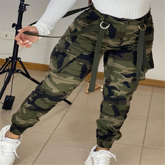 Nouveau pantalon crayon à sangles de camouflage