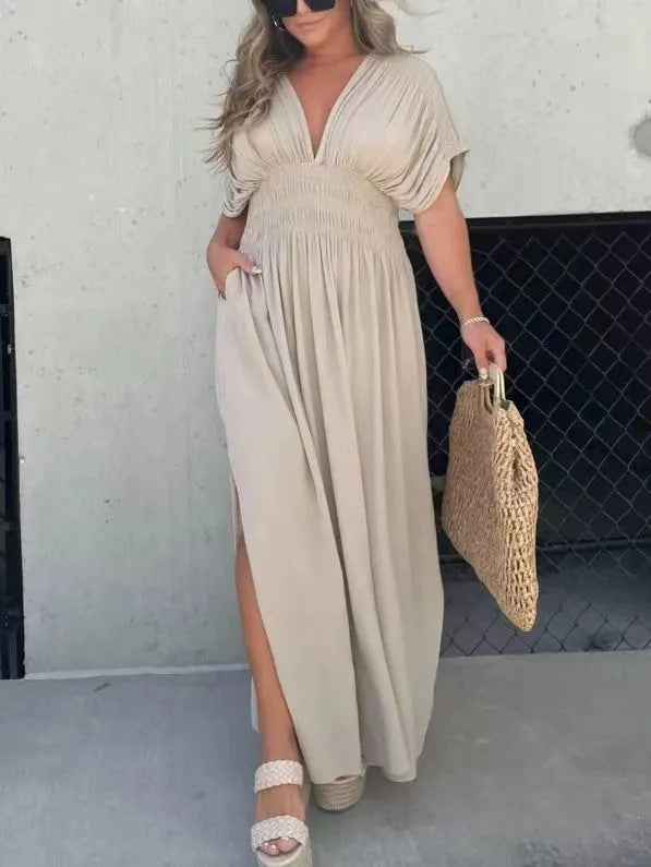 Bat-sleeved V-neck Slit Dress