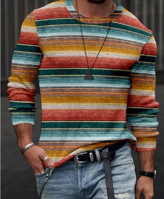 New Horizontal Stripes 3D Digital Printing Men's Long Sleeve T-Shirt