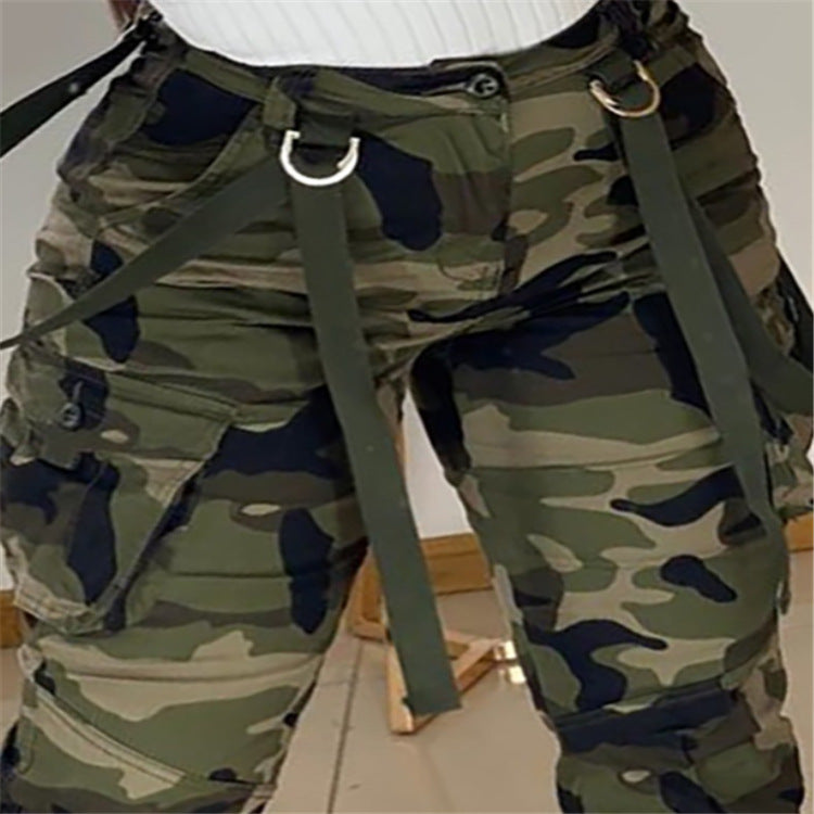 Nouveau pantalon crayon à sangles de camouflage