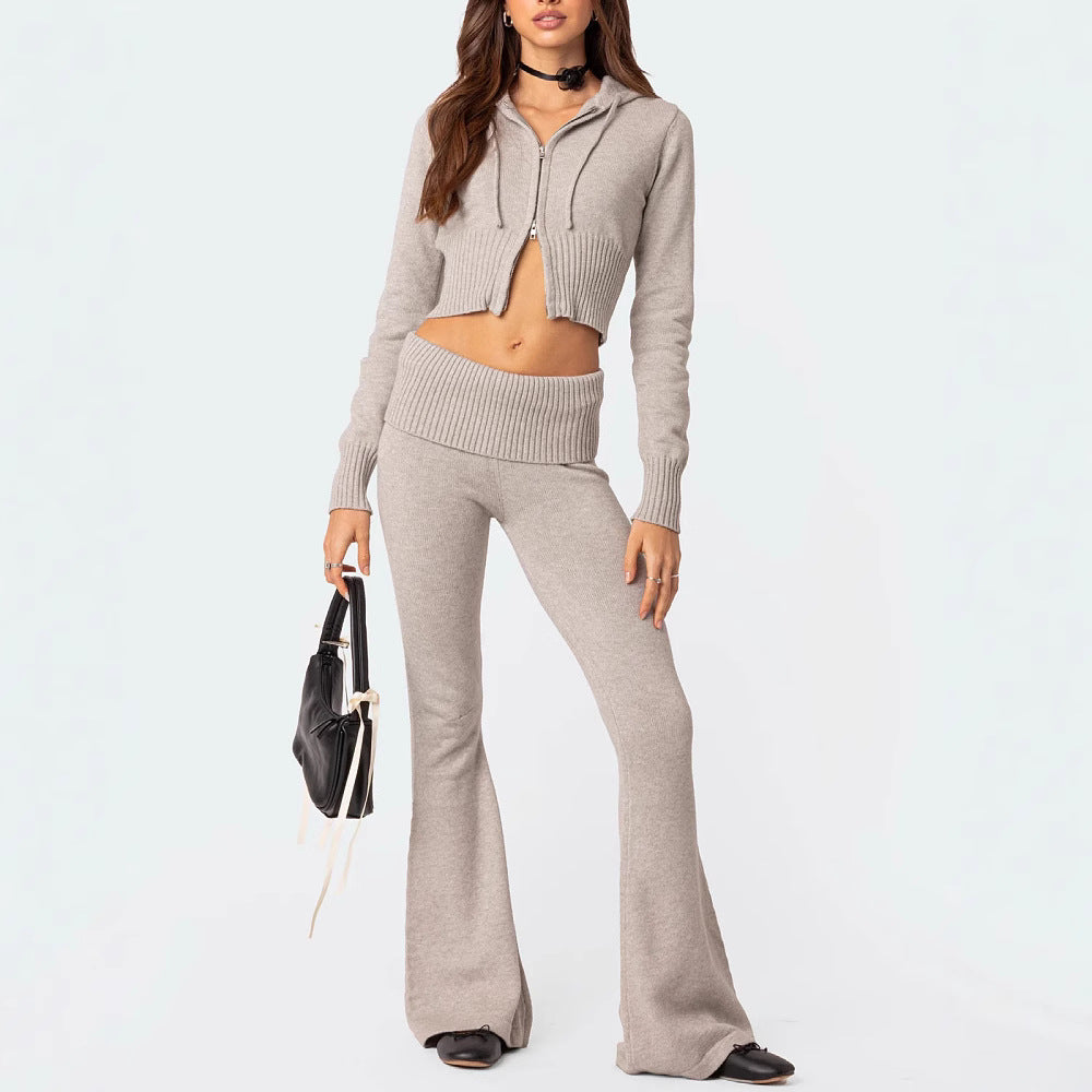 Fashion Knitted Hooded Suit Long Sleeve Zipper Cropped Top And Slim Flared Pants Trousers Solid Outfits Women's Clothing