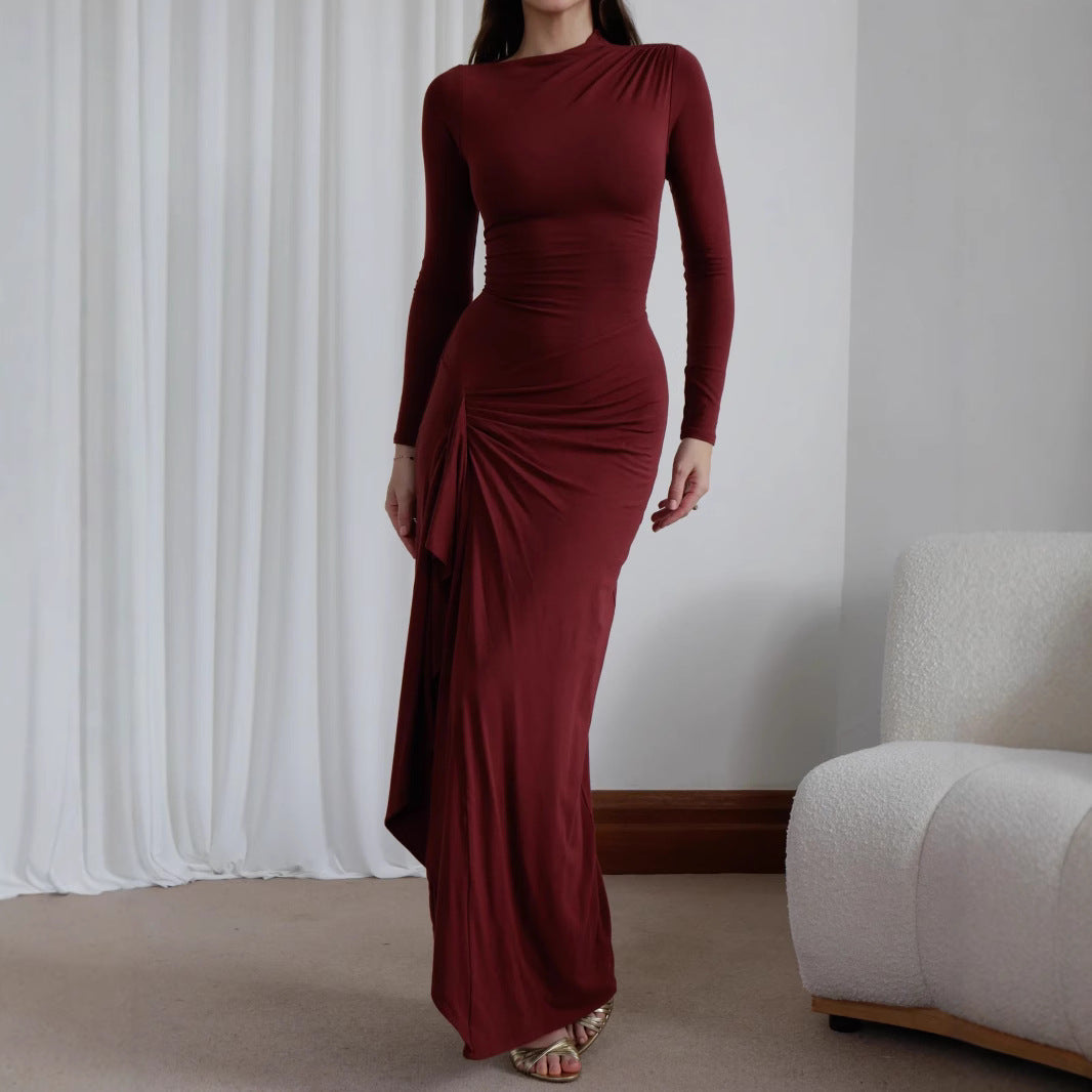 Slim-fitting Long-sleeved Asymmetric Split Dress Ins Fashion Solid Color Long Dresses For Women