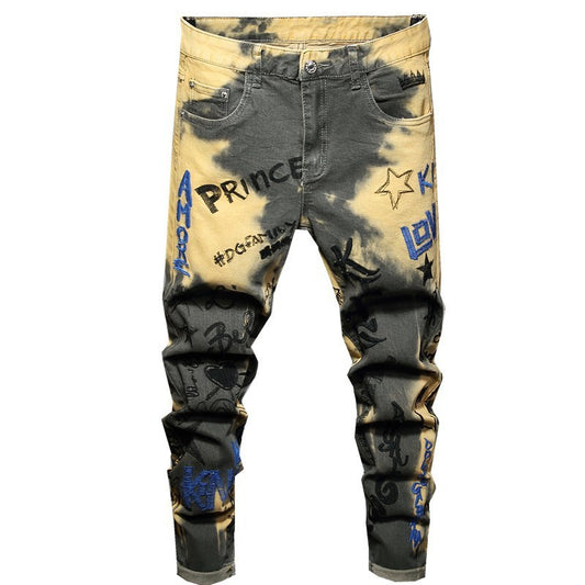 Jeans Heren Slim Broek Stretch Geverfd Lang Trendy Persoonlijkheid Camouflage Print