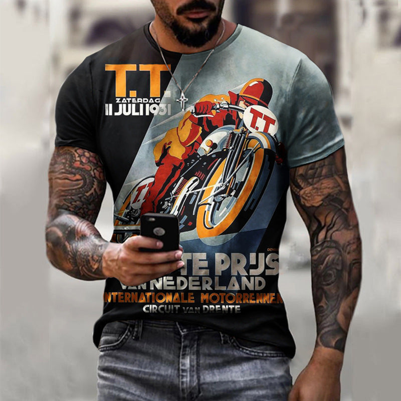 Zomer T-shirt met korte mouwen Casual 3D-motorfietsprint Losse trui Herenoverhemd