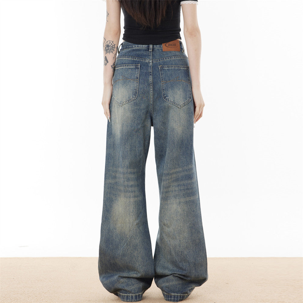 European And American Letter Printing Loose Denim Trousers