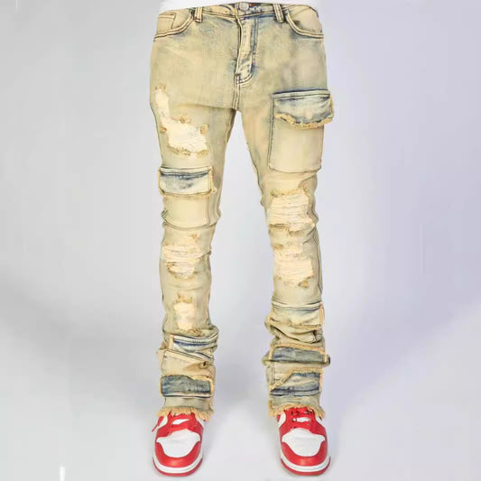 Stretch Ripped Laminated Micro-pull Pants