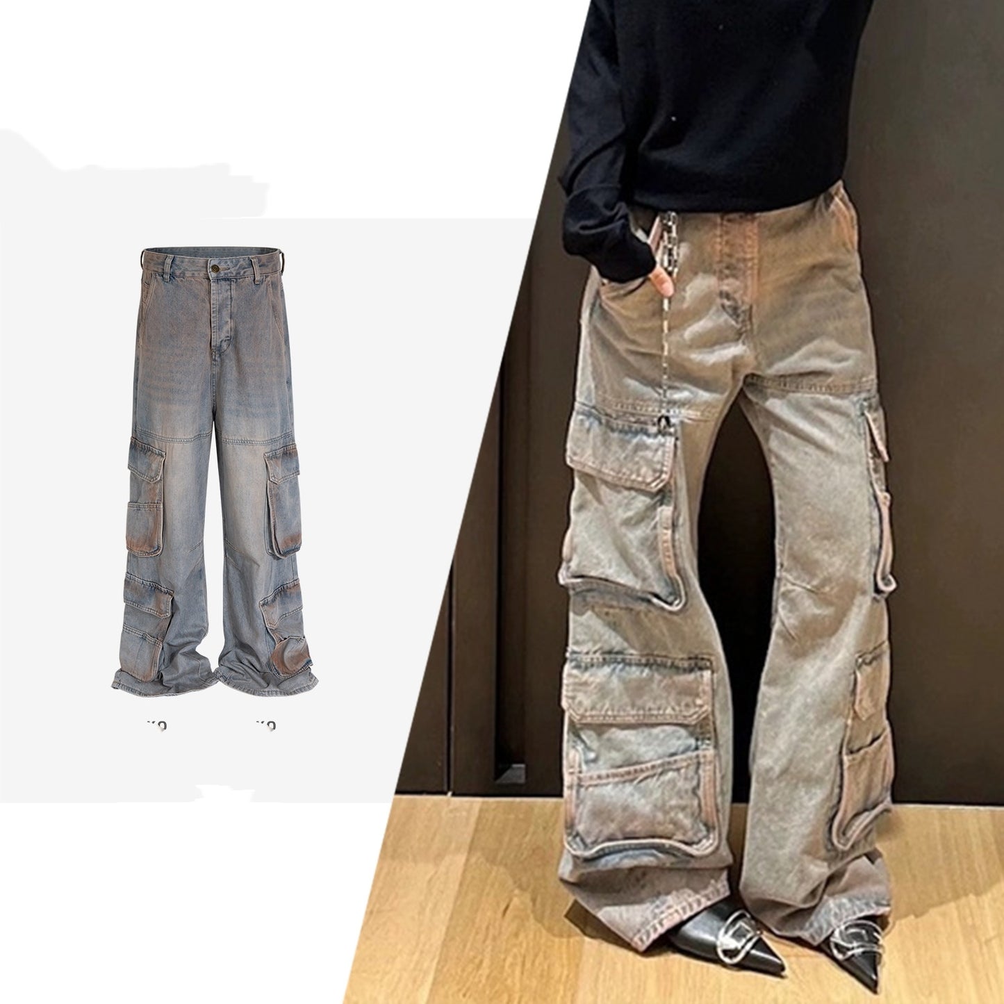 Side Multi-pocket Trousers Neutral High Street Washed And Worn