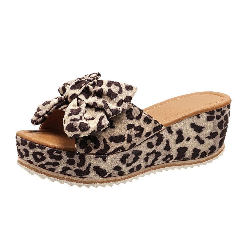 Bow Leopard Print Wedge Slippers