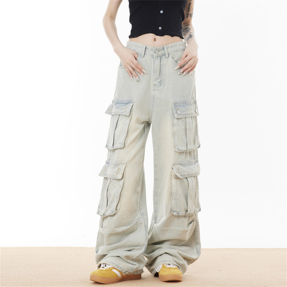 Men's And Women's Multi-pocket Washed And Worn Worn Loose Straight-leg Wide-leg Pants