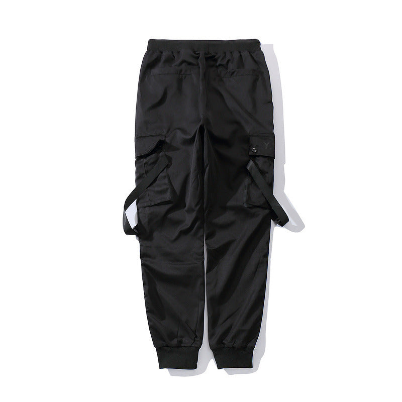 Black Functional Overalls Men's Skinny Multi-pocket