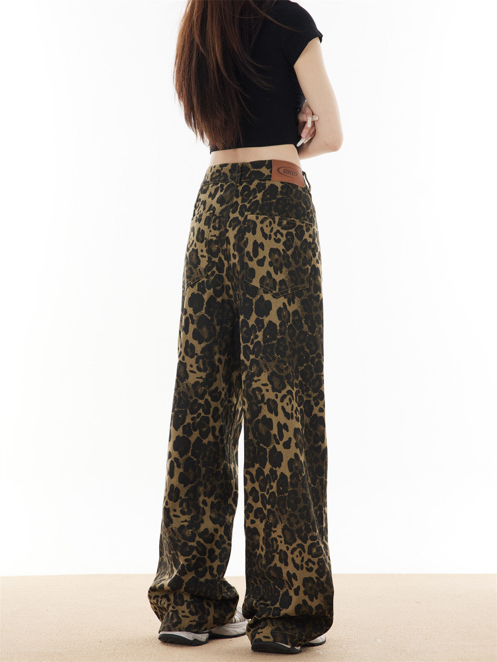 American High Street Retro Distressed Leopard Print Loose Jeans