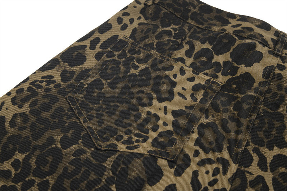 American High Street Retro Distressed Leopard Print Loose Jeans