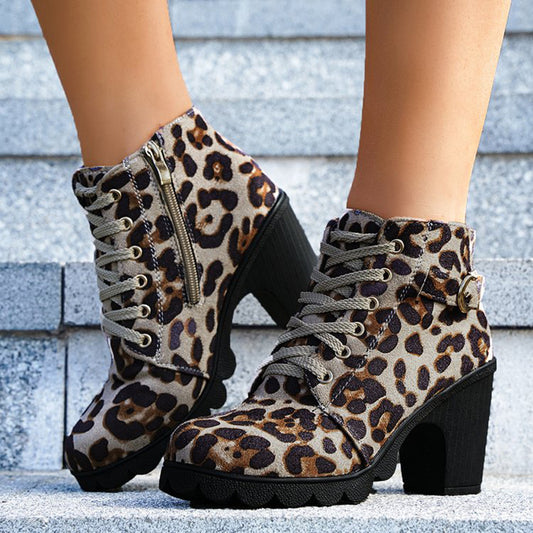 Leopard Print Ankle Boots Lace-up Zip