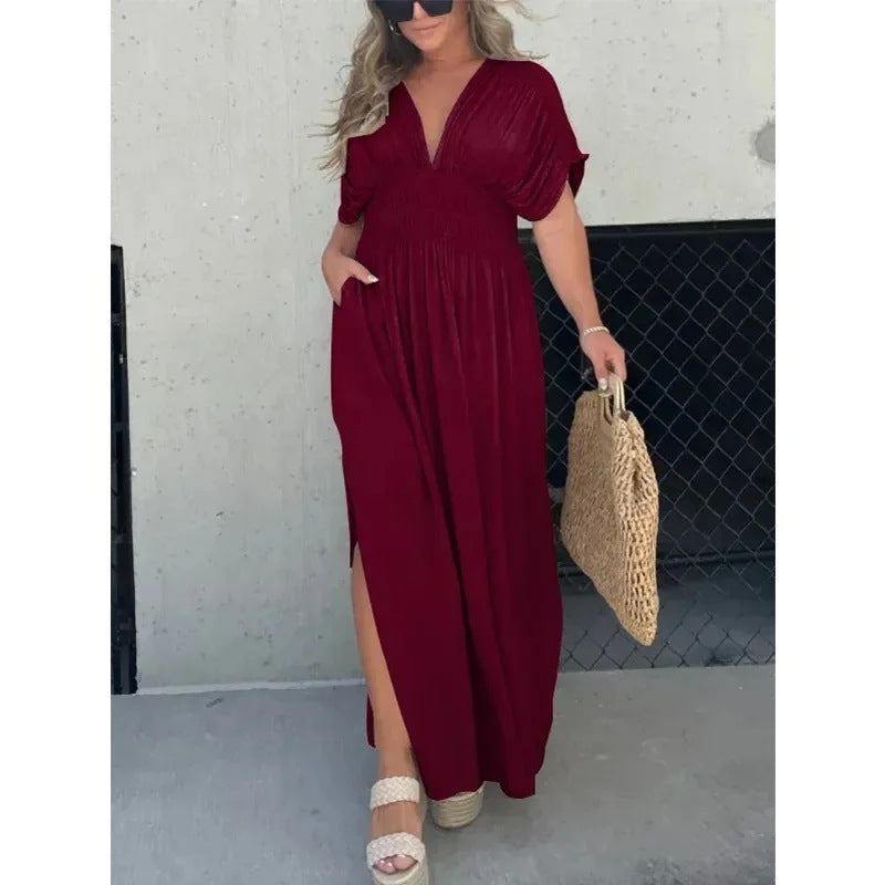 Bat-sleeved V-neck Slit Dress