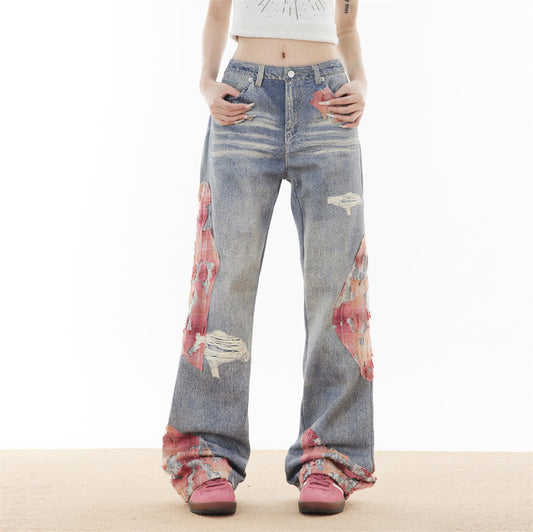 Flame Lace Patchwork Stitching Jeans