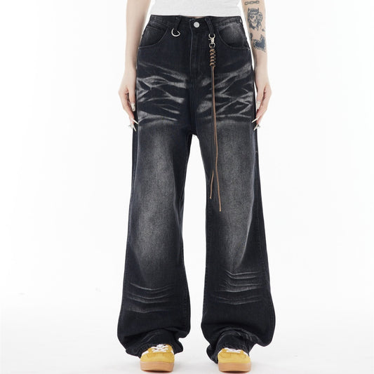 Punk Distressed Wash Loose Wide Leg Denim Trousers