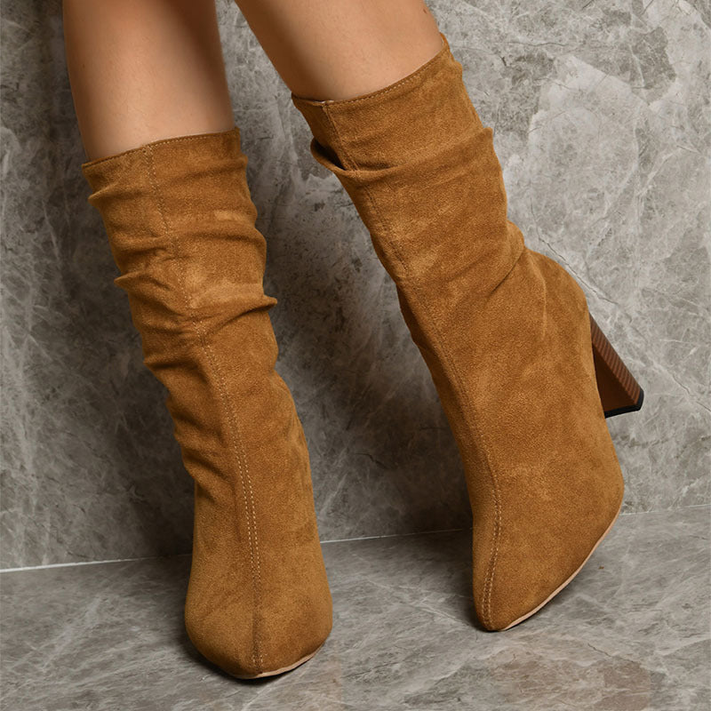 Pointed Toe High Block Heels Boots