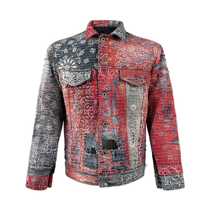 Red Cashew Flower Denim Jacket