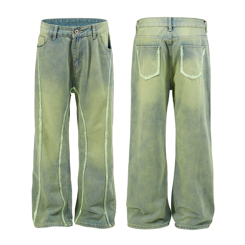 Yellow Mud Dyed Old Green Wide-leg Jeans