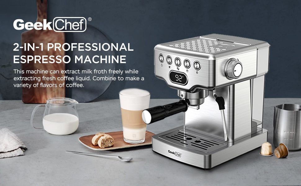 Geek Chef Espressomachine, 20 Bar Espressomachine Met Melkopschuimer Voor Latte, Cappuccino, Macchiato, Voor Thuis Espressomaker, 1.8L Watertank, Roestvrij Staal, Verbod Op Amazon