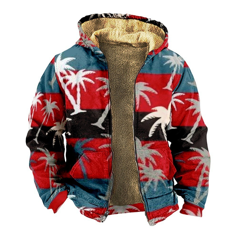 Retro Coconut Tree Element 3D Digital Printing Casual Loose-fitting Hoodie Zipped Cotton-padded Jacket Coat