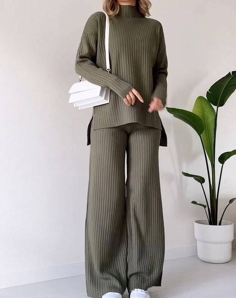 Turtleneck Knitted Suit Loose Split Design Long-sleeved Top And Straight Trousers Fashion Casual Solid Set Women's Clothing