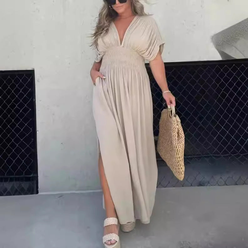 Bat-sleeved V-neck Slit Dress