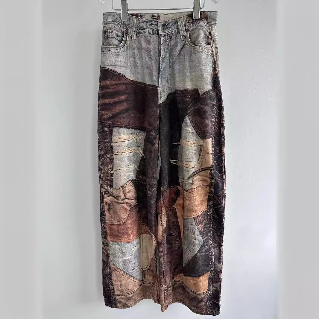 Vintage Mud Dyed Stitching Printing Ripped Canvas Denim Wide Leg