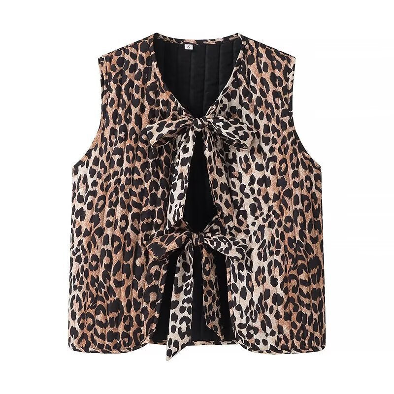 Women's European And American Style Leopard Print Vest Leopard Quilted Vest Sleeveless Tie Front Shirts Vest Cardigan Trendy Streetwear