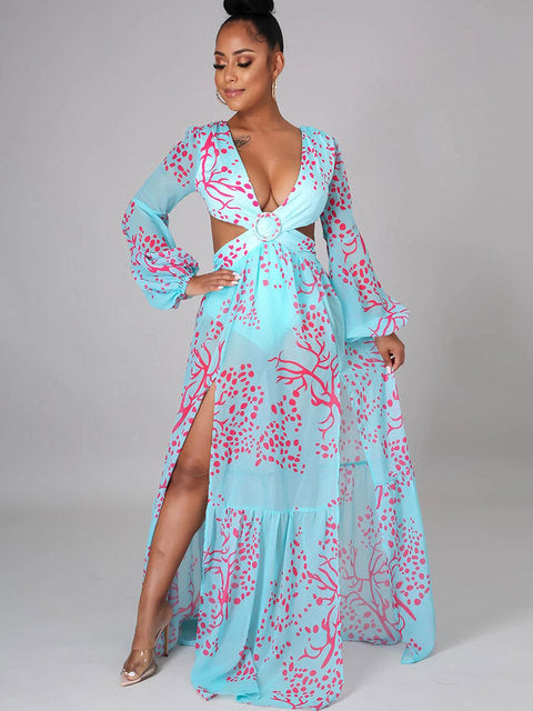 Robe longue à manches lanternes pour femmes